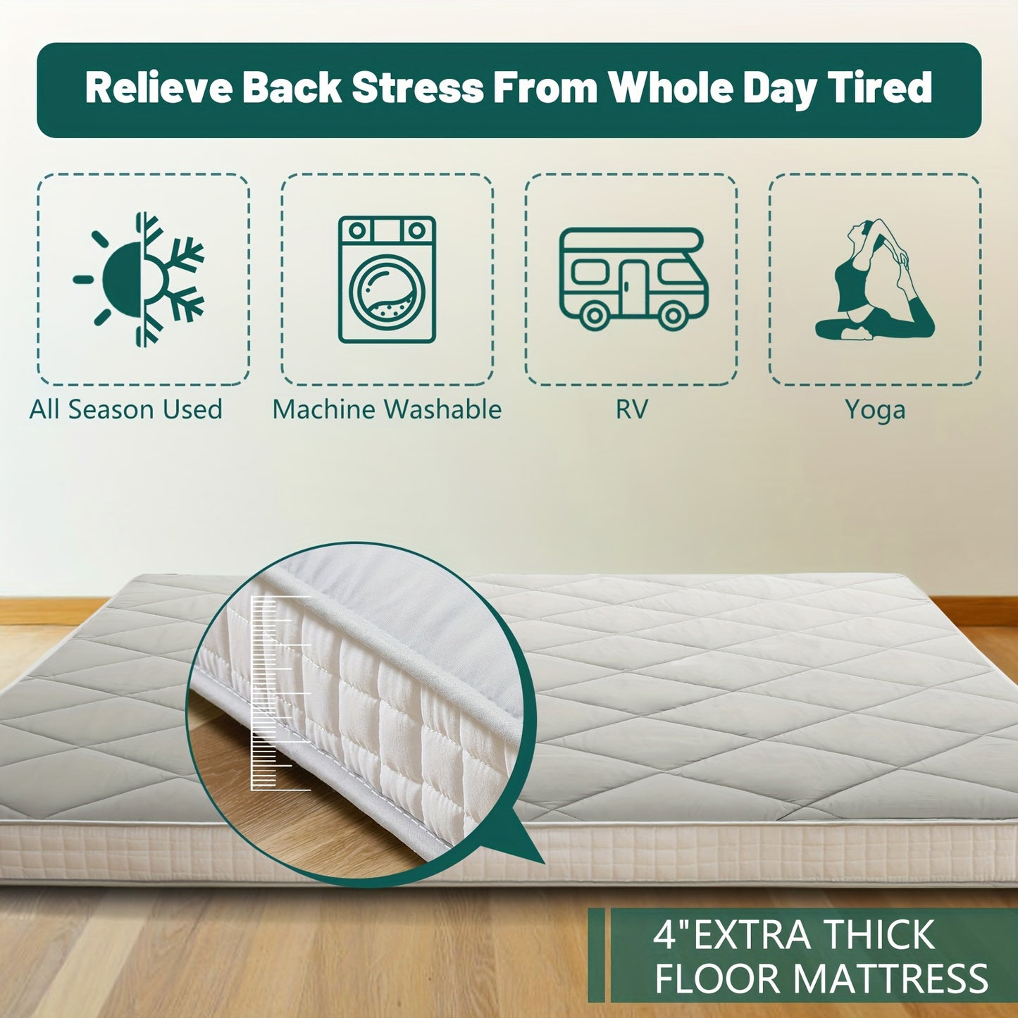 4-inch extra thick floor mattress with features listed above it on a wooden floor.
