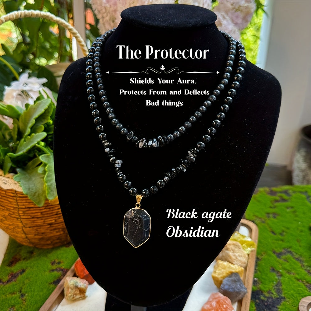 Guardian Necklace Set - Obsidian & Black Onyx Protection Jewelry