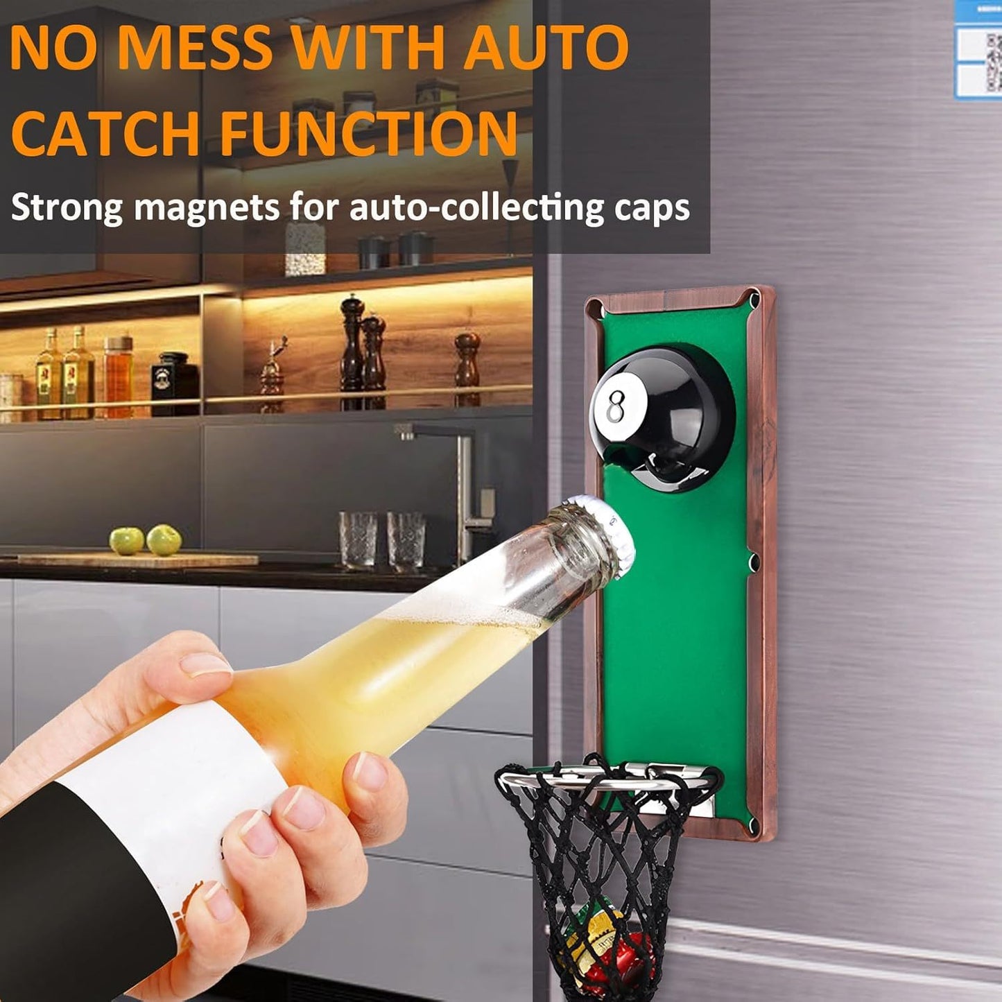 Magnetic Billiard Bottle Opener with Cap Collector