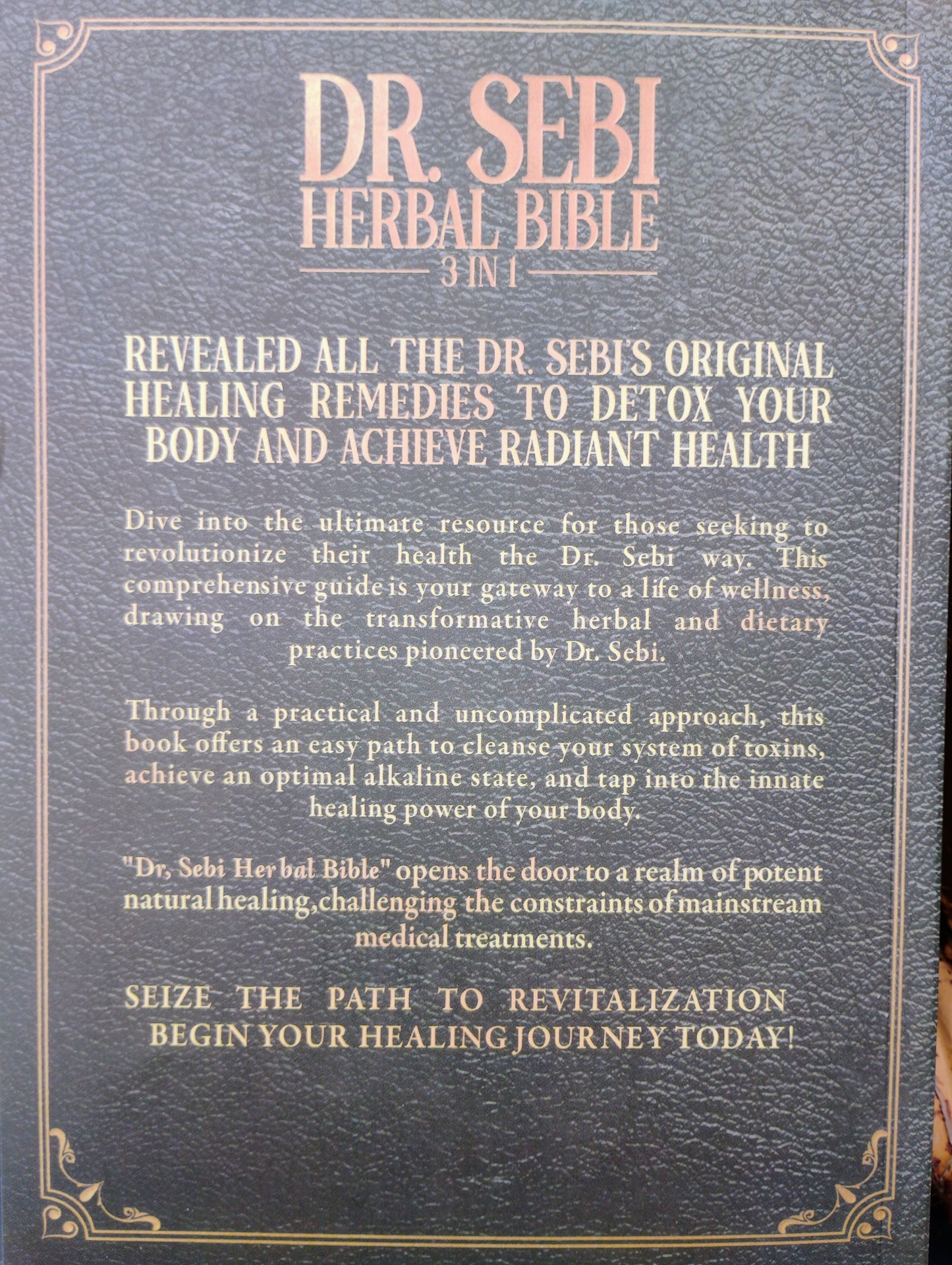 Cover of 'Dr. Sebi Herbal Bible' with text about detox and radiant health.