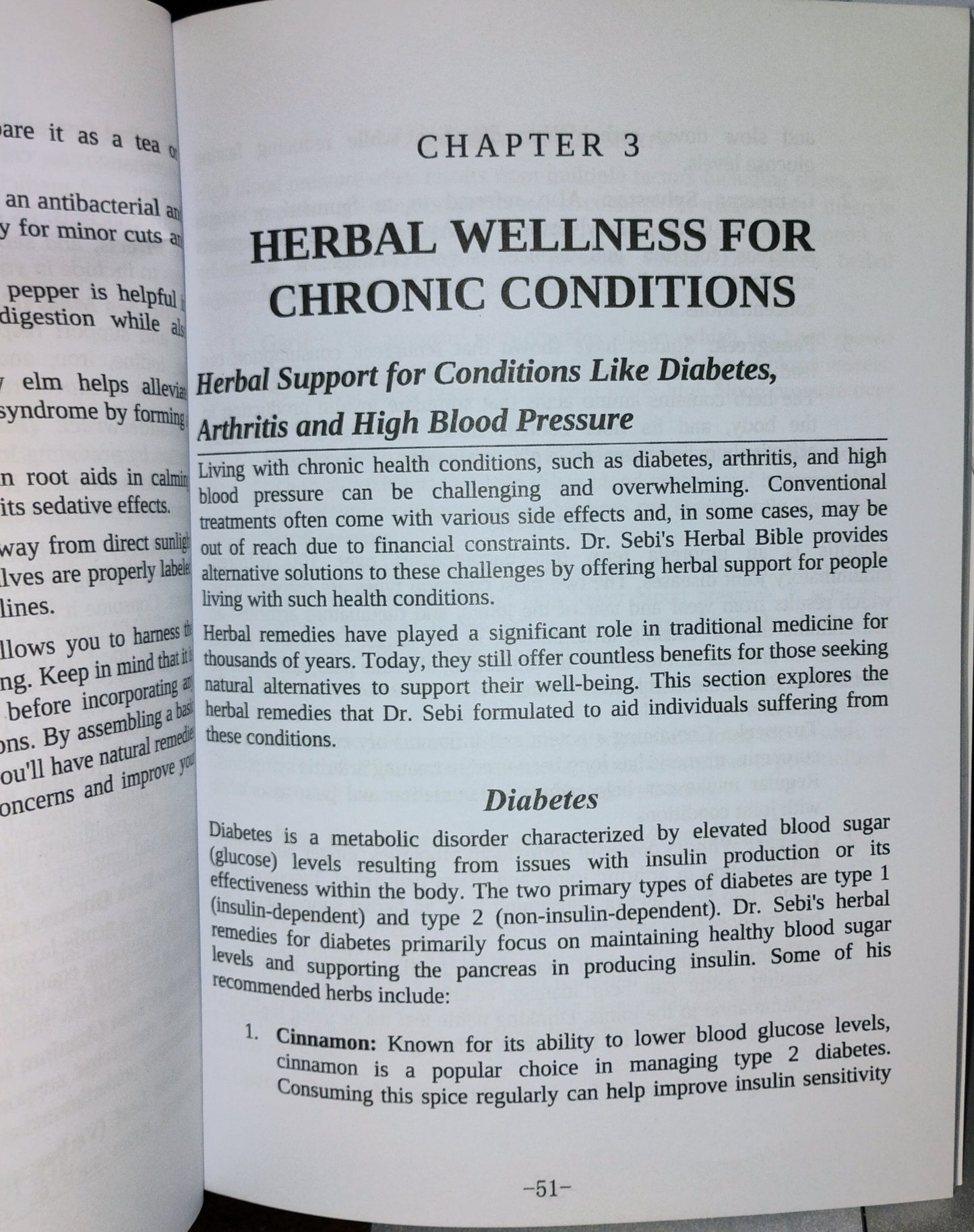 Book open to a page titled 'Herbal Wellness for Chronic Conditions' with text on herbal remedies.