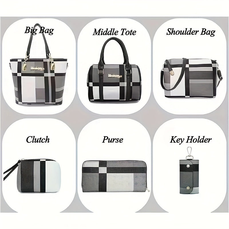 6-Piece Women's Handbag Set - Leather Tote Shoulder Crossbody Bags with Wallet
