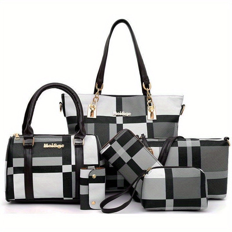 6-Piece Women's Handbag Set - Leather Tote Shoulder Crossbody Bags with Wallet