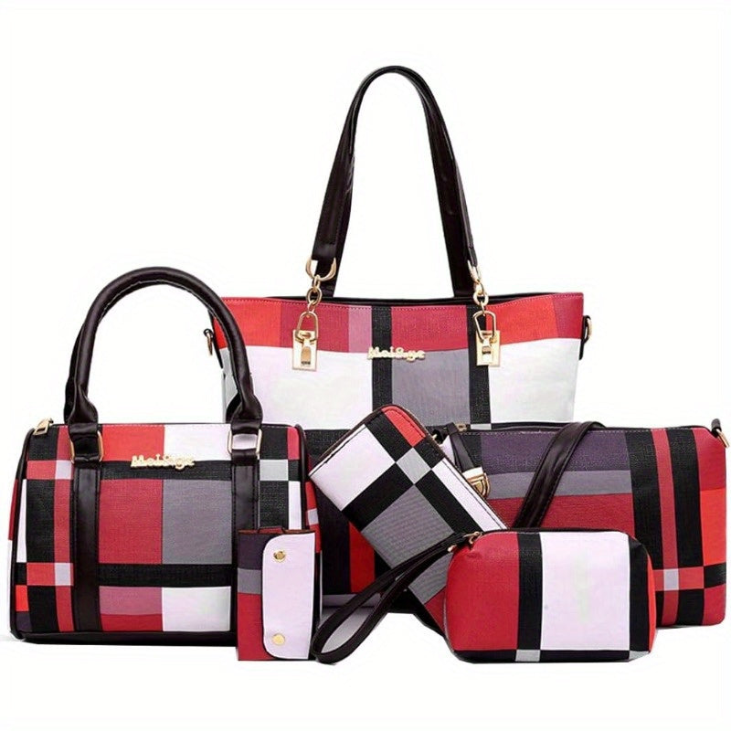 6-Piece Women's Handbag Set - Leather Tote Shoulder Crossbody Bags with Wallet