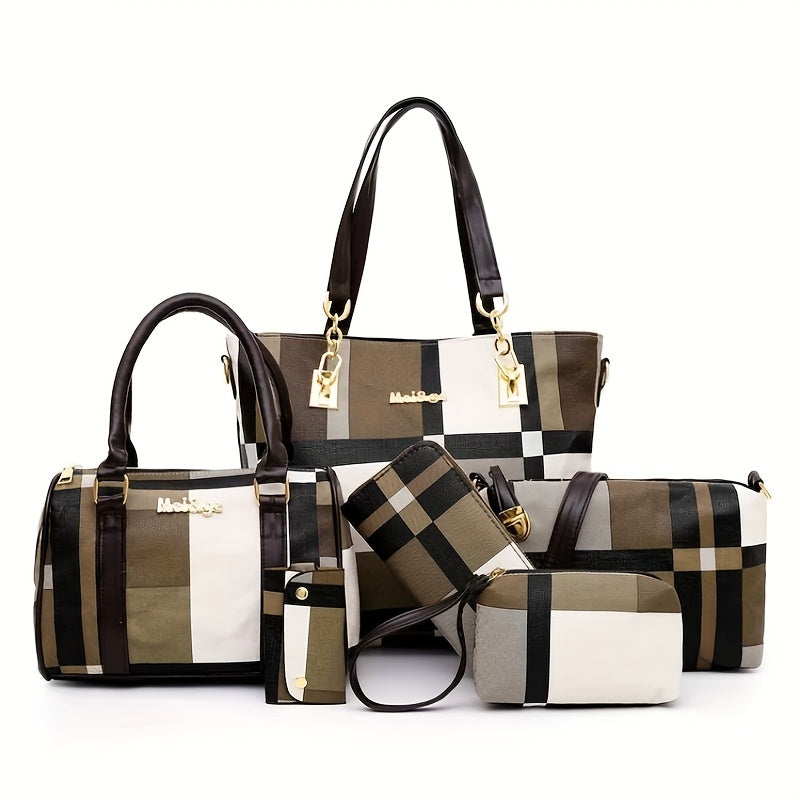 6-Piece Women's Handbag Set - Leather Tote Shoulder Crossbody Bags with Wallet