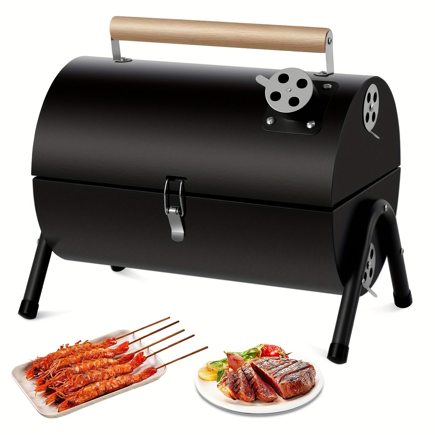 Compact Portable Charcoal Grill Black Stainless-Steel Smoker with Wooden Handles, Camping