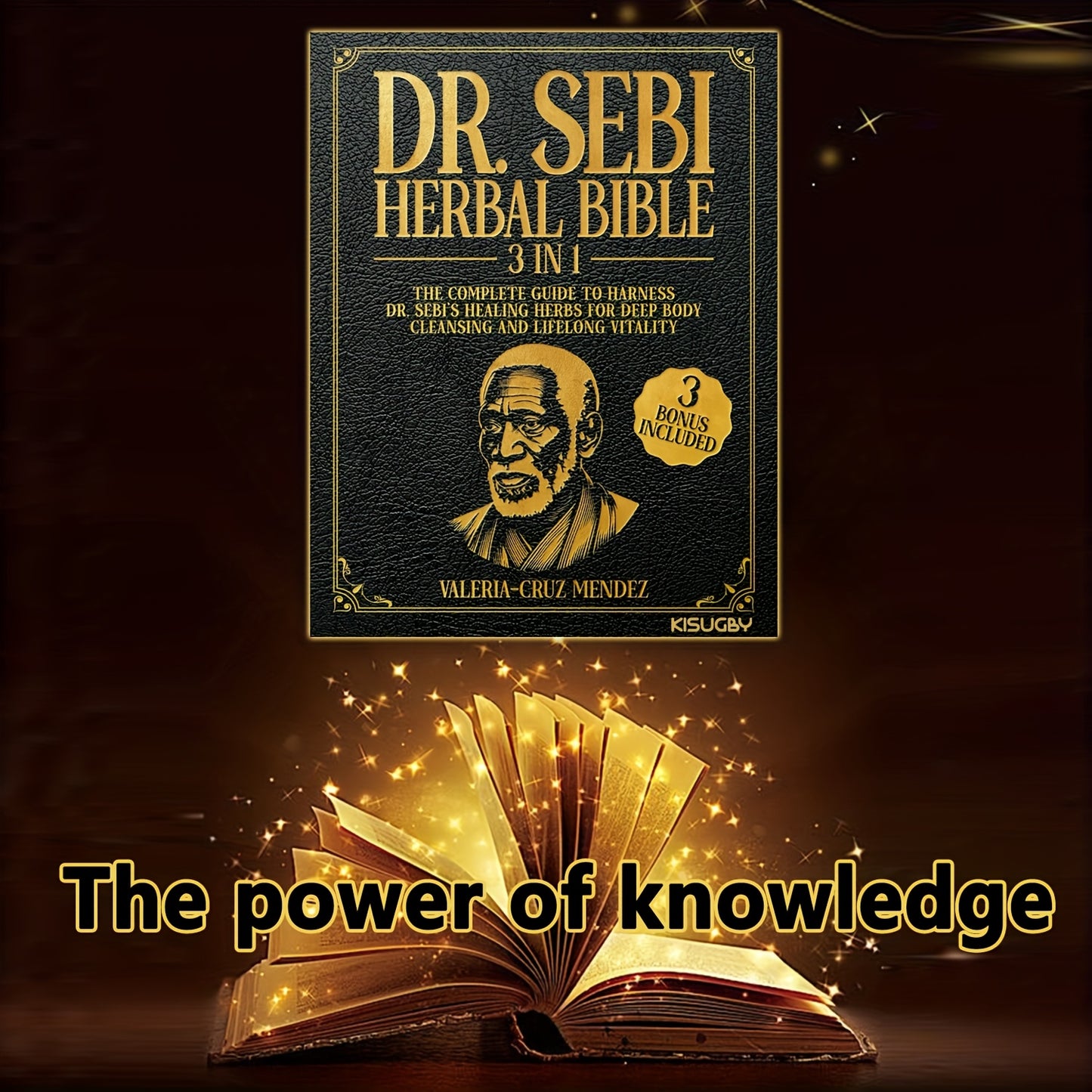 Book titled 'Dr. Sebi Herbal Bible' with an open book graphic on a dark background.