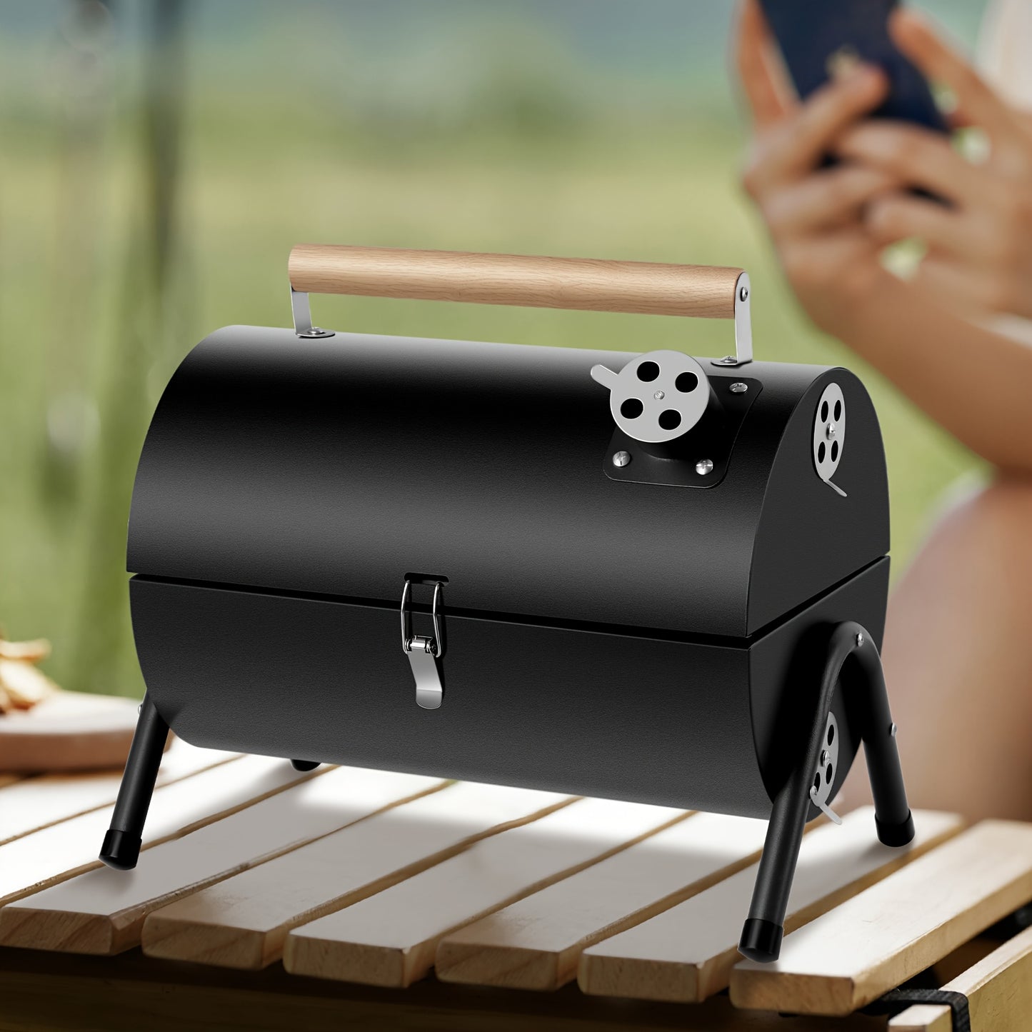Compact Portable Charcoal Grill Black Stainless-Steel Smoker with Wooden Handles, Camping