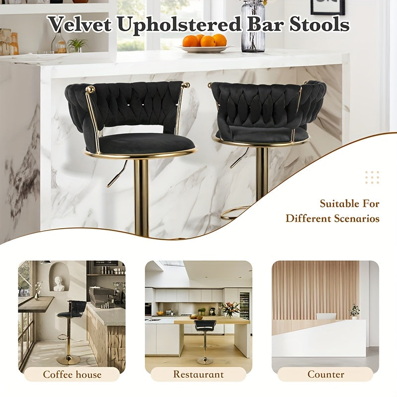 Modern Swivel Velvet Bar Stools - 360° Adjustable Height with Golden Metal Base