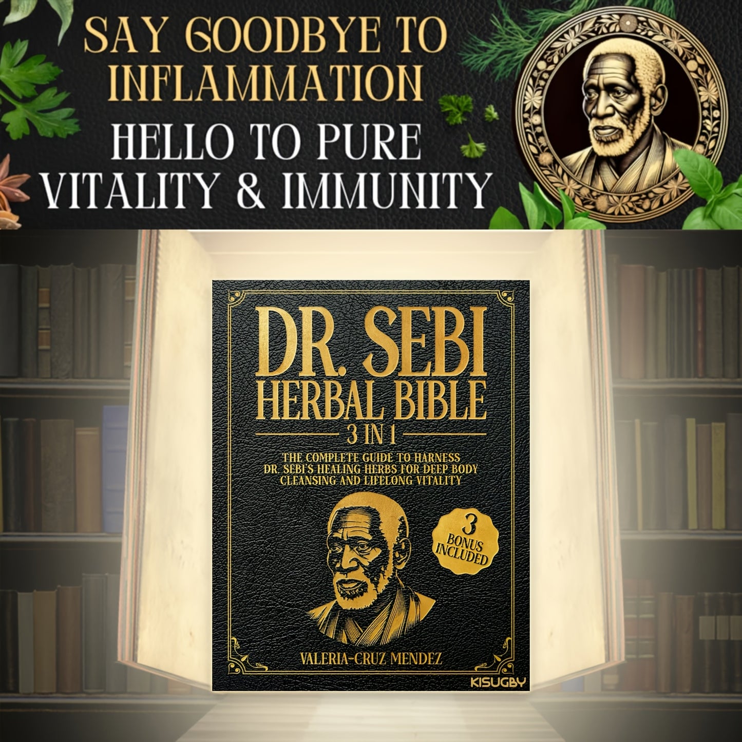 Dr. Sebi Herbal Bible book with a light shining on it, surrounded by greenery and text about inflammation and immunity.