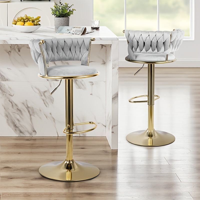Modern Swivel Velvet Bar Stools - 360° Adjustable Height with Golden Metal Base
