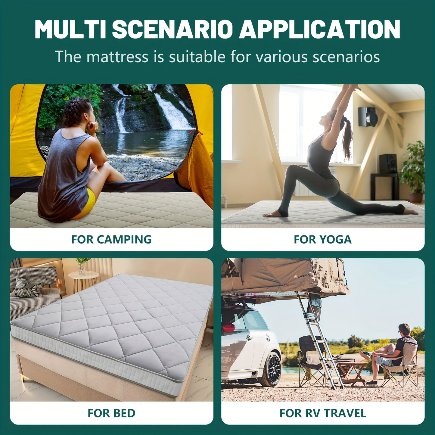 Multifunctional mattress shown in various scenarios including camping, yoga, bed, and RV travel.