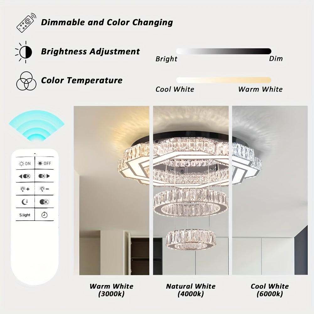 Dimmable Flush Mount Crystal Chandelier 22.5" LED Round Pendant Light