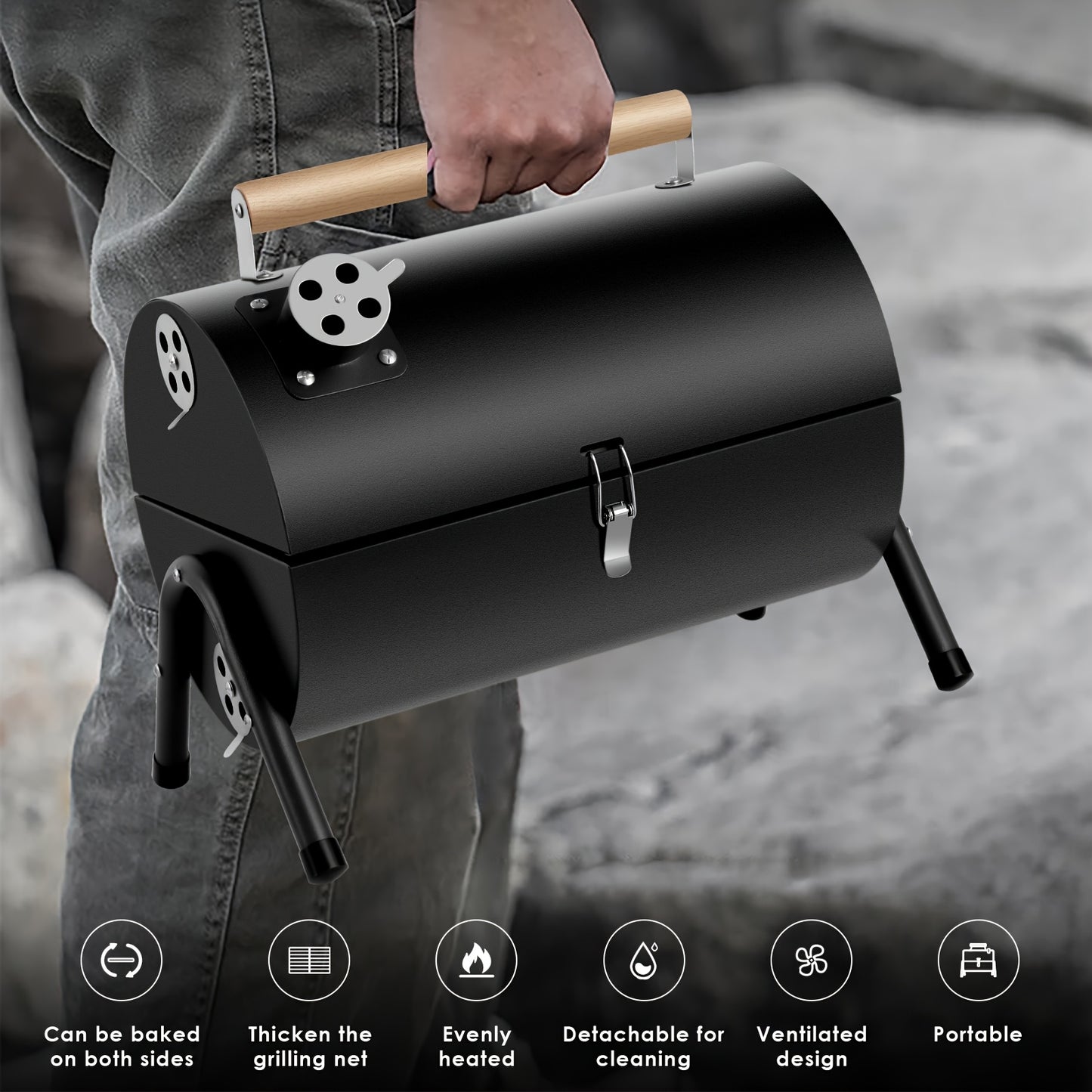 Compact Portable Charcoal Grill Black Stainless-Steel Smoker with Wooden Handles, Camping