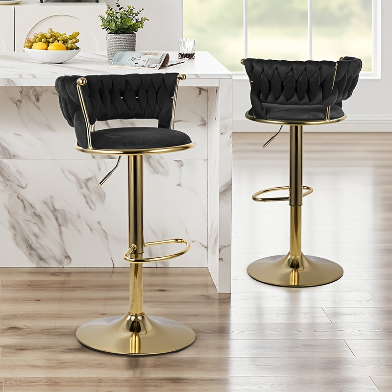 Modern Swivel Velvet Bar Stools - 360° Adjustable Height with Golden Metal Base
