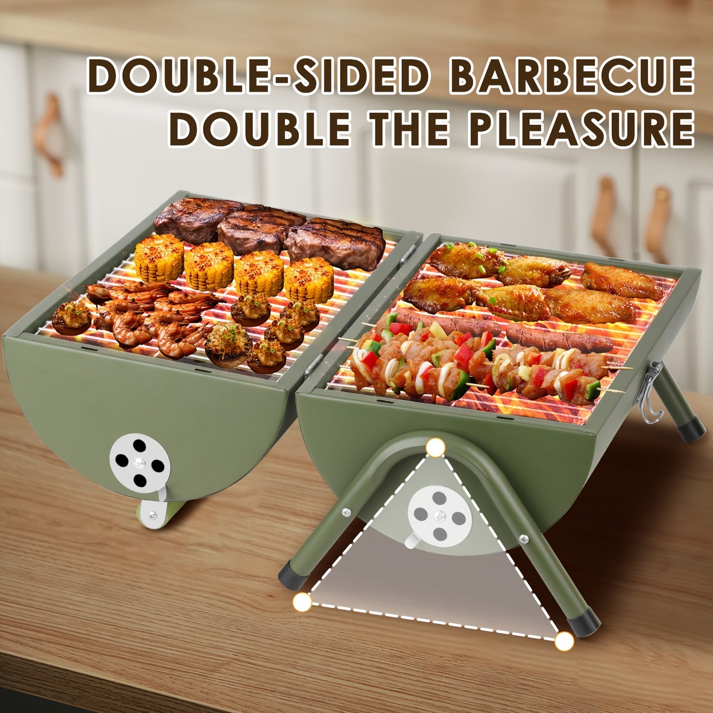 Compact Portable Charcoal Grill Black Stainless-Steel Smoker with Wooden Handles, Camping