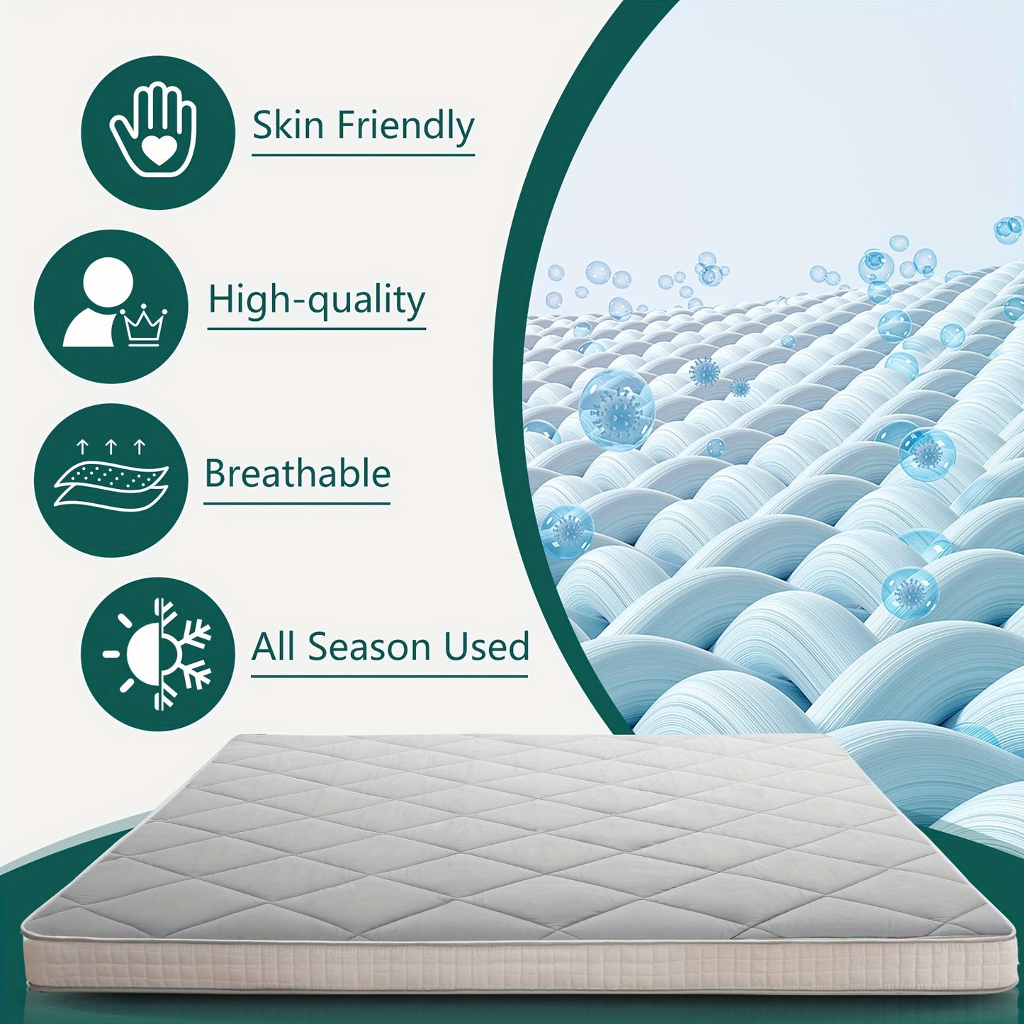 Mattress with text highlighting skin friendliness, quality, breathability, and season use on a white background.