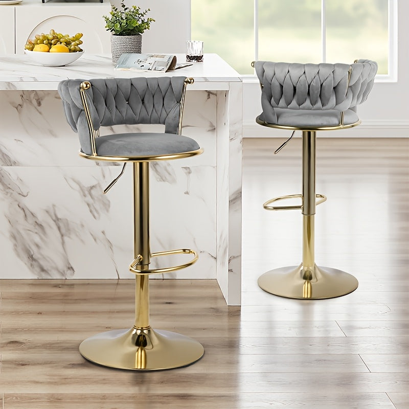 Modern Swivel Velvet Bar Stools - 360° Adjustable Height with Golden Metal Base