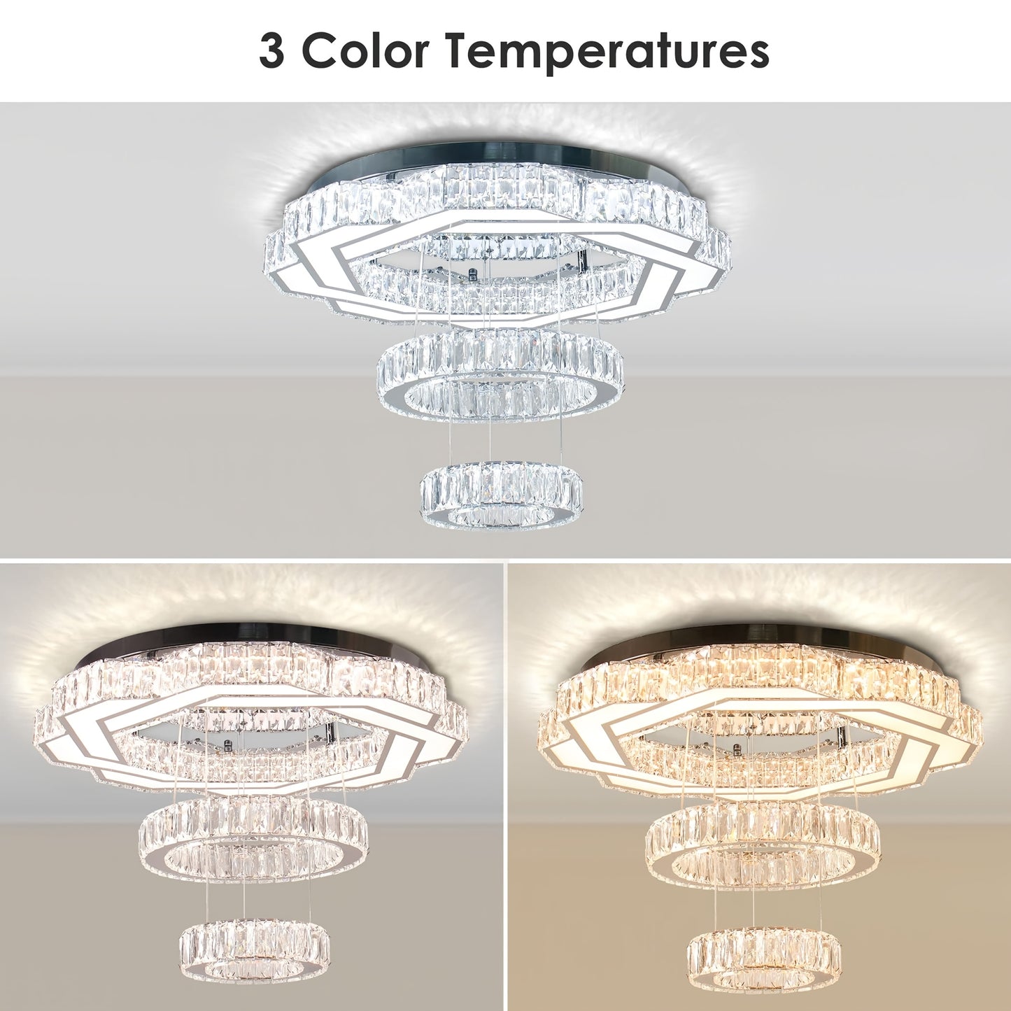 Dimmable Flush Mount Crystal Chandelier 22.5" LED Round Pendant Light