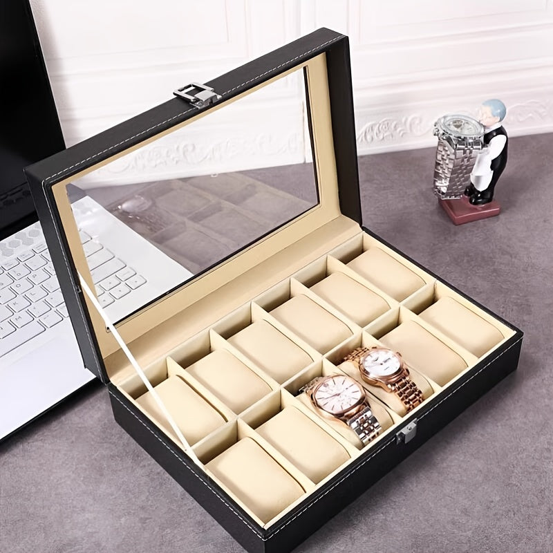 Watch Box 10/12 Slot - Glass Lid Display Case with Removable Pillows