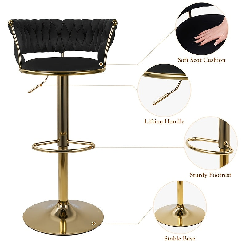 Modern Swivel Velvet Bar Stools - 360° Adjustable Height with Golden Metal Base