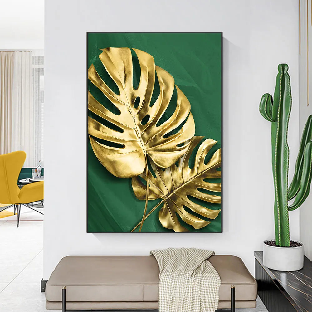 Golden Leaves Canvas Painting Abstract Green Marble