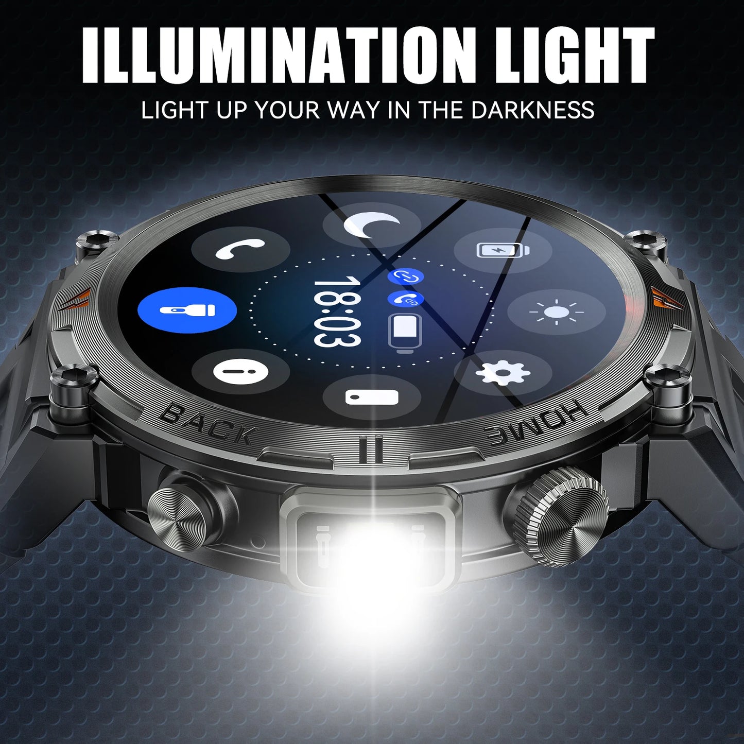 Black Bluetooth Smart Watch Full Touch Screen Health Monitor with Flashlight For iOS Android