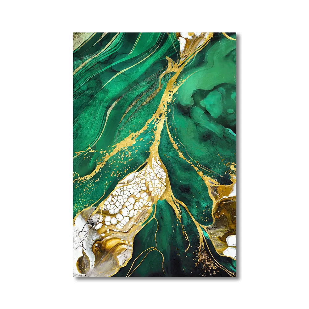 Golden Leaves Canvas Painting Abstract Green Marble