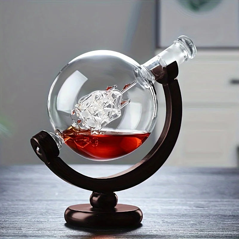 Globe Whiskey Decanter Set Lead-Free Crystal Carafe with Wooden Stand & 2 Glasses