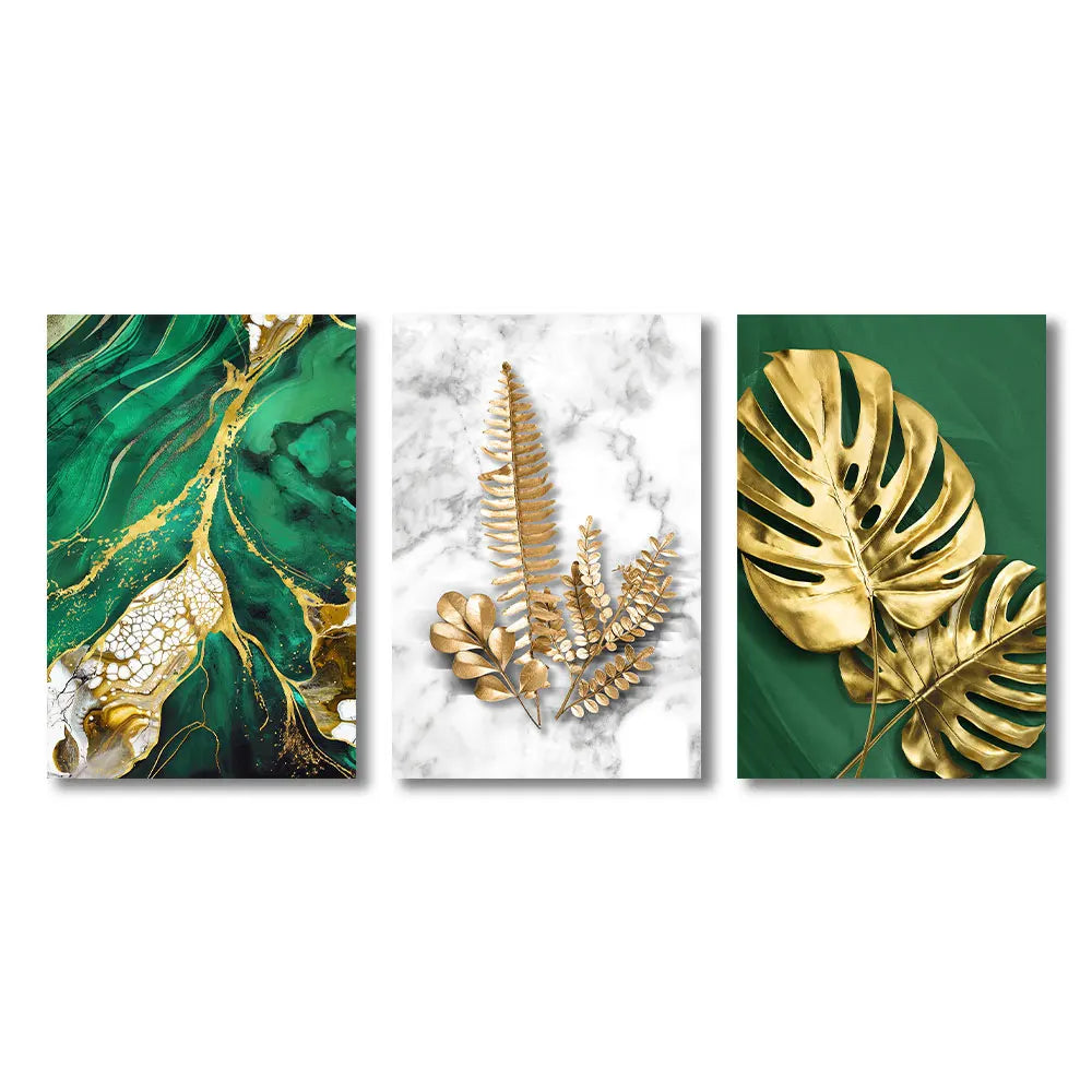 Golden Leaves Canvas Painting Abstract Green Marble