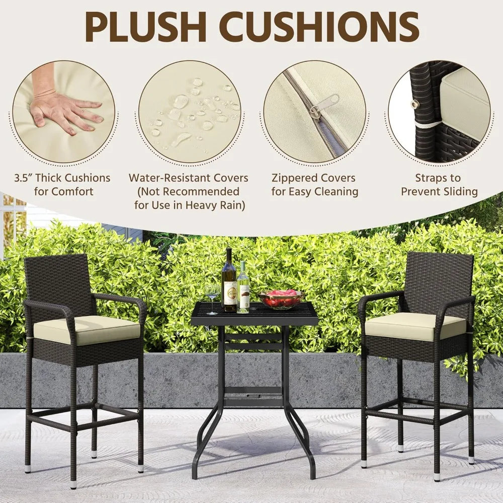 Outdoor bar stool 2-piece set, terrace wicker chair with armrests and footrests
