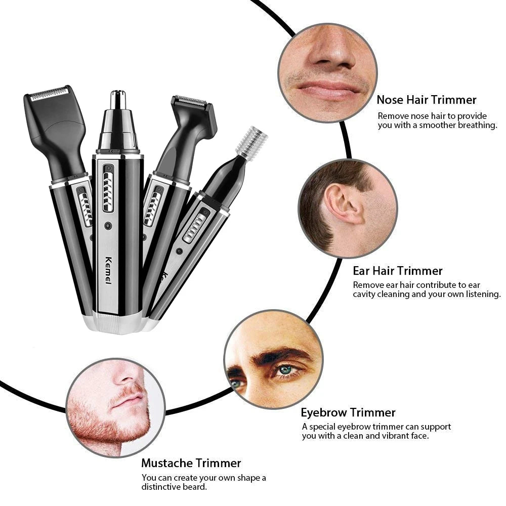 4-in-1 Rechargeable Men's Grooming Trimmer Nose, Ear, Eyebrow & Beard Hair Removal