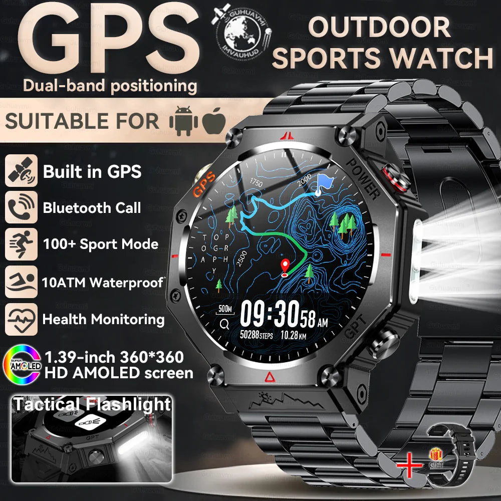 Military-Grade GPS Smart Watch Waterproof IP69K with Compass, Altimeter & Bluetooth Calling