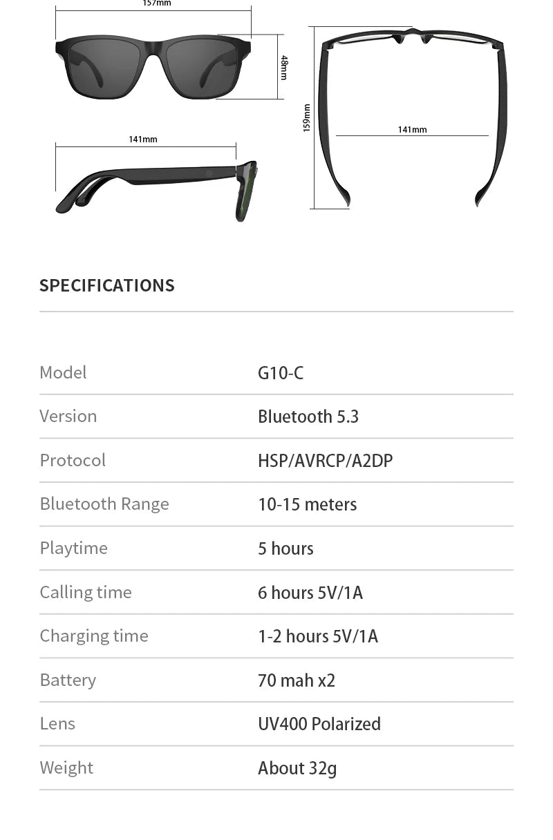 Bluetooth Smart Glasses with Built-in Speakers & Hands-Free Calling
