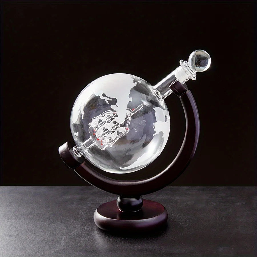 Globe Whiskey Decanter Set Lead-Free Crystal Carafe with Wooden Stand & 2 Glasses