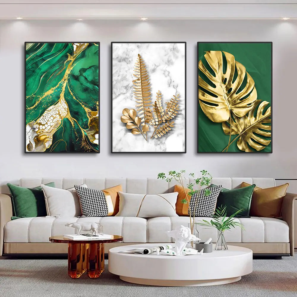 Golden Leaves Canvas Painting Abstract Green Marble