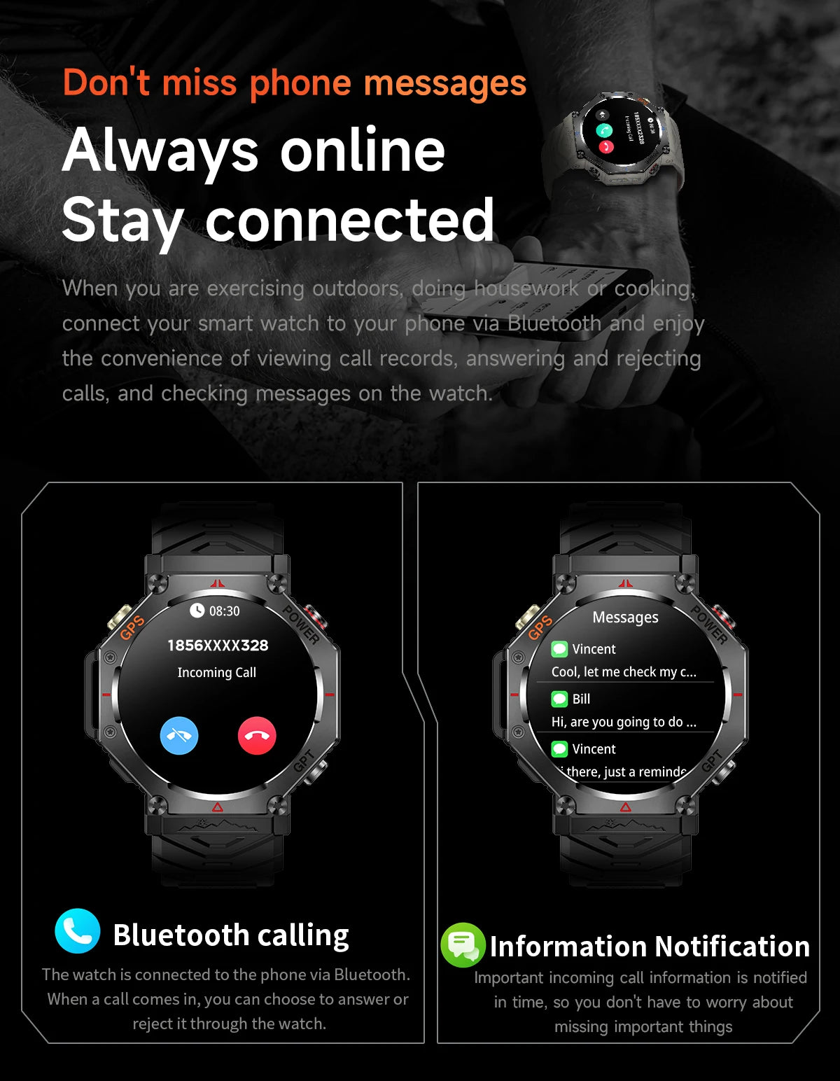 Military-Grade GPS Smart Watch Waterproof IP69K with Compass, Altimeter & Bluetooth Calling