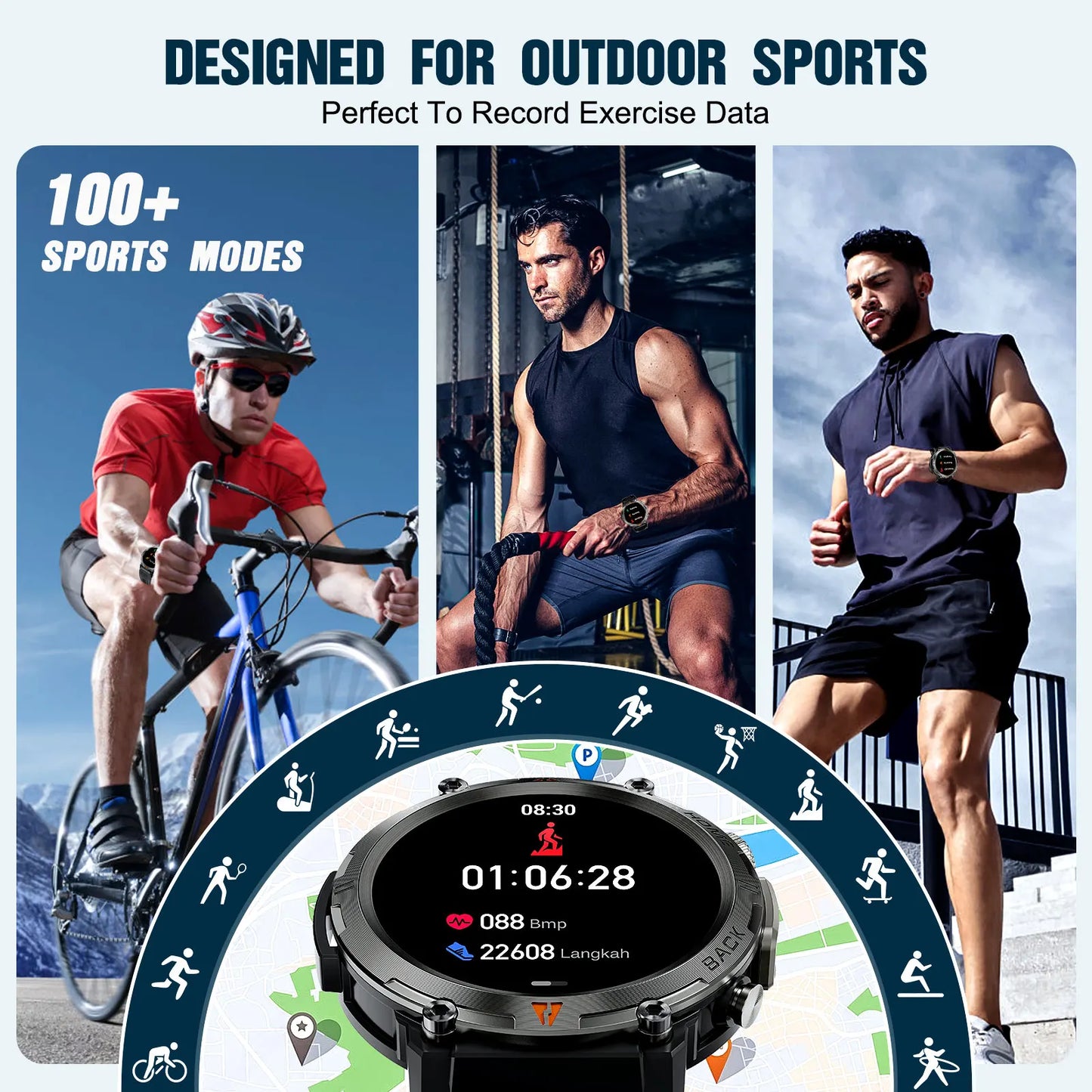Black Bluetooth Smart Watch Full Touch Screen Health Monitor with Flashlight For iOS Android
