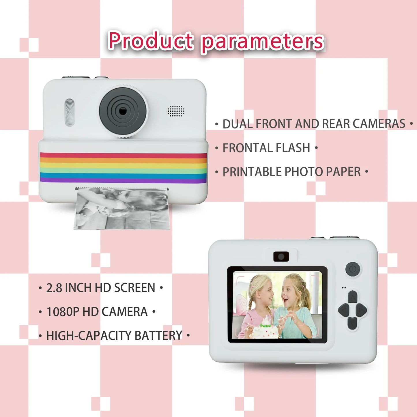 Kids Digital Camera with Instant Printer - 2.8" HD Screen Portable Photo Camera for Children