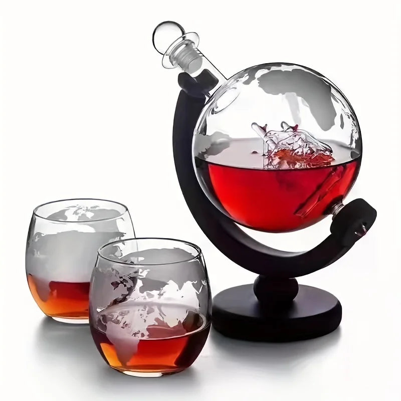Globe Whiskey Decanter Set Lead-Free Crystal Carafe with Wooden Stand & 2 Glasses
