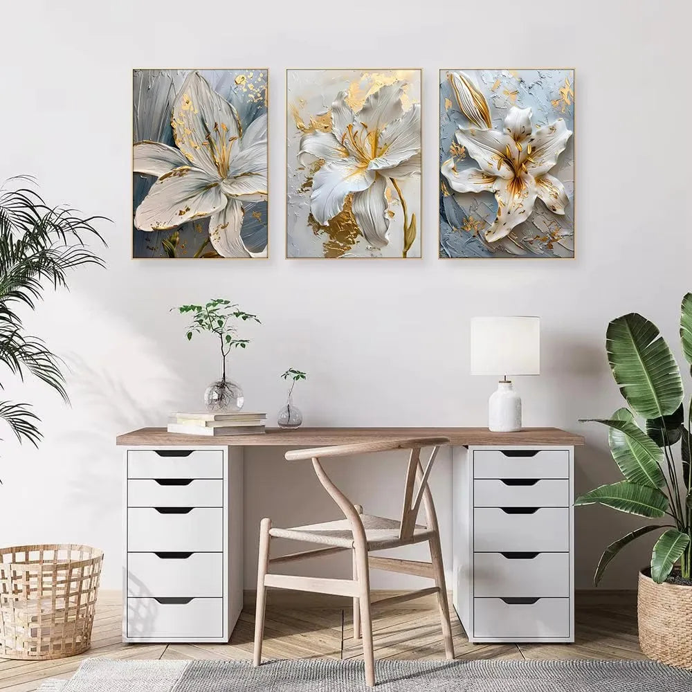 3D Lily Flower Canvas Posters - Gold and White