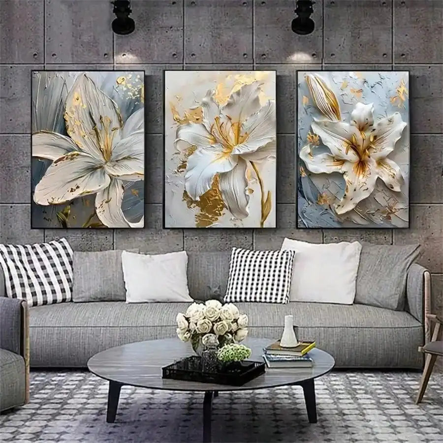 3D Lily Flower Canvas Posters - Gold and White