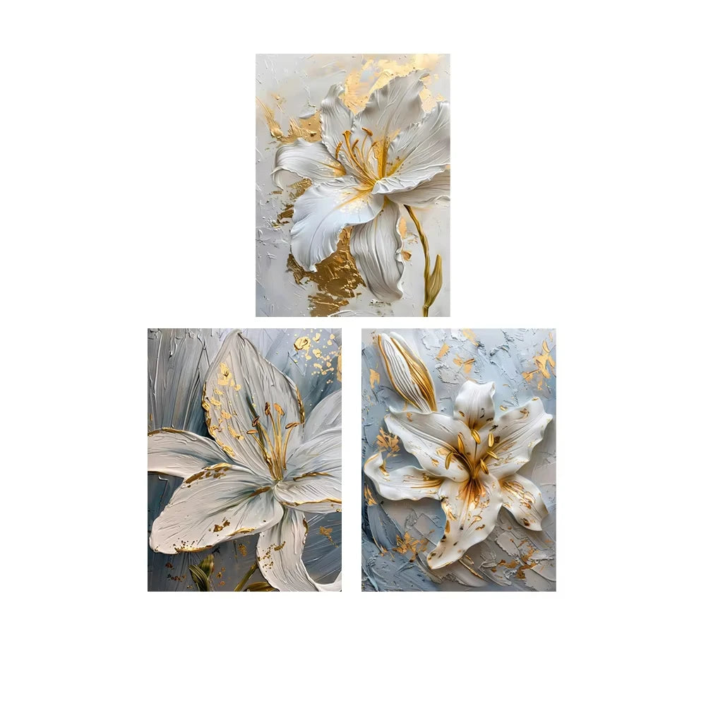 3D Lily Flower Canvas Posters - Gold and White