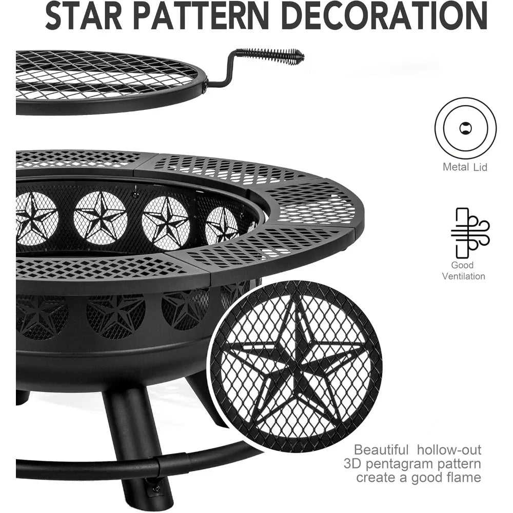 36 Inch Fire Pit with Cooking Grill, Outdoor Wood Burning Firepit with Lid