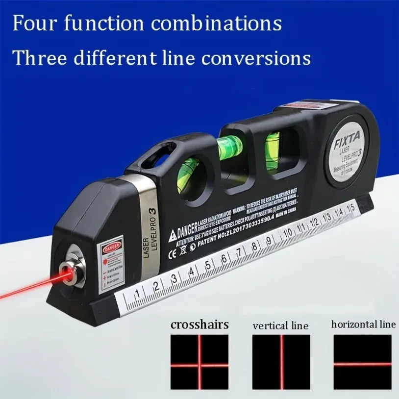 3-in-1 Laser Level – Cross Line Laser with Built-in 8ft (2.5m) Tape Measure & Metric Rulers