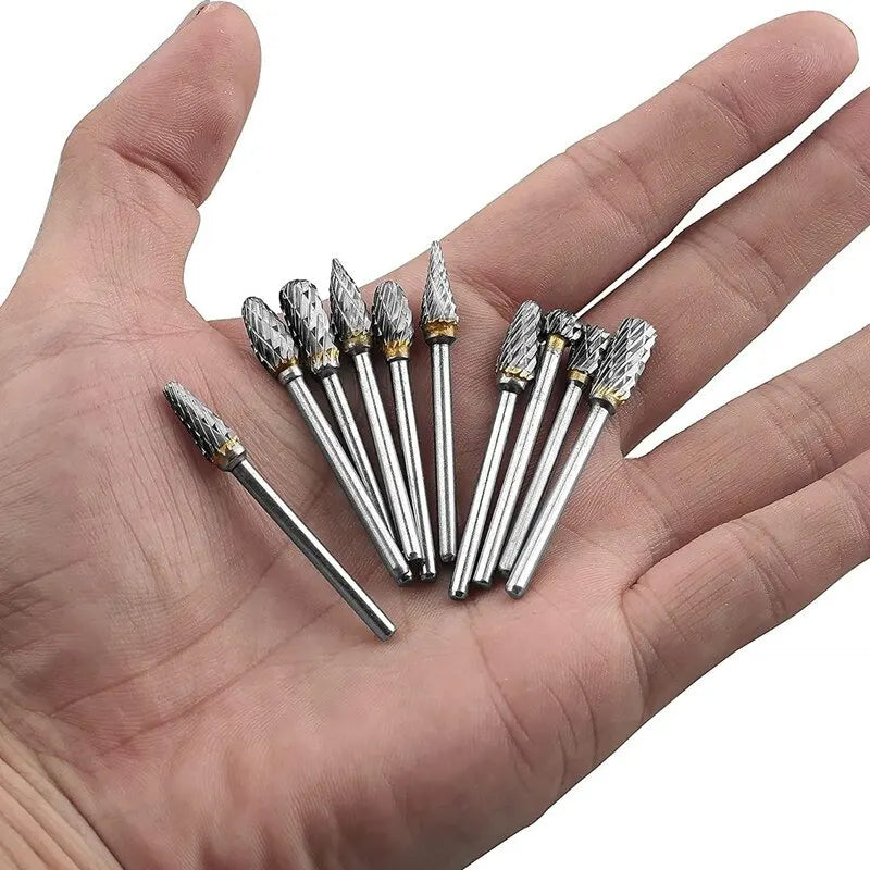 10-Piece Carbide Burr Set - Double Cut Tungsten Steel Rotary Files for Woodworking & Metalworking