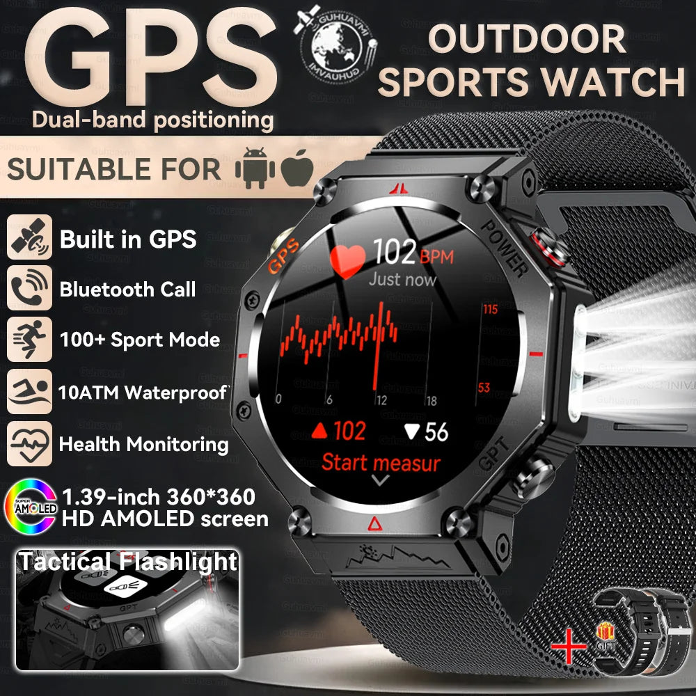 Military-Grade GPS Smart Watch Waterproof IP69K with Compass, Altimeter & Bluetooth Calling