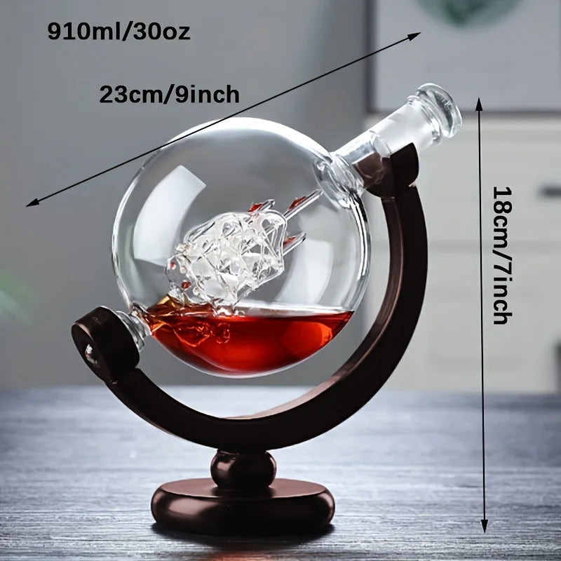 Globe Whiskey Decanter Set Lead-Free Crystal Carafe with Wooden Stand & 2 Glasses