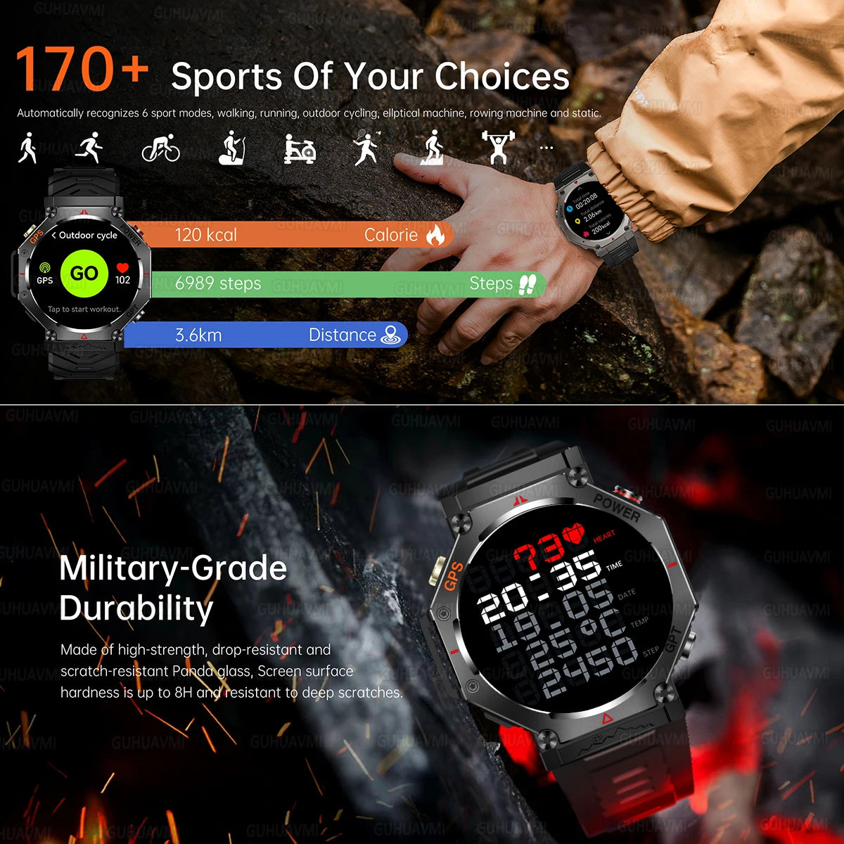 Military-Grade GPS Smart Watch Waterproof IP69K with Compass, Altimeter & Bluetooth Calling