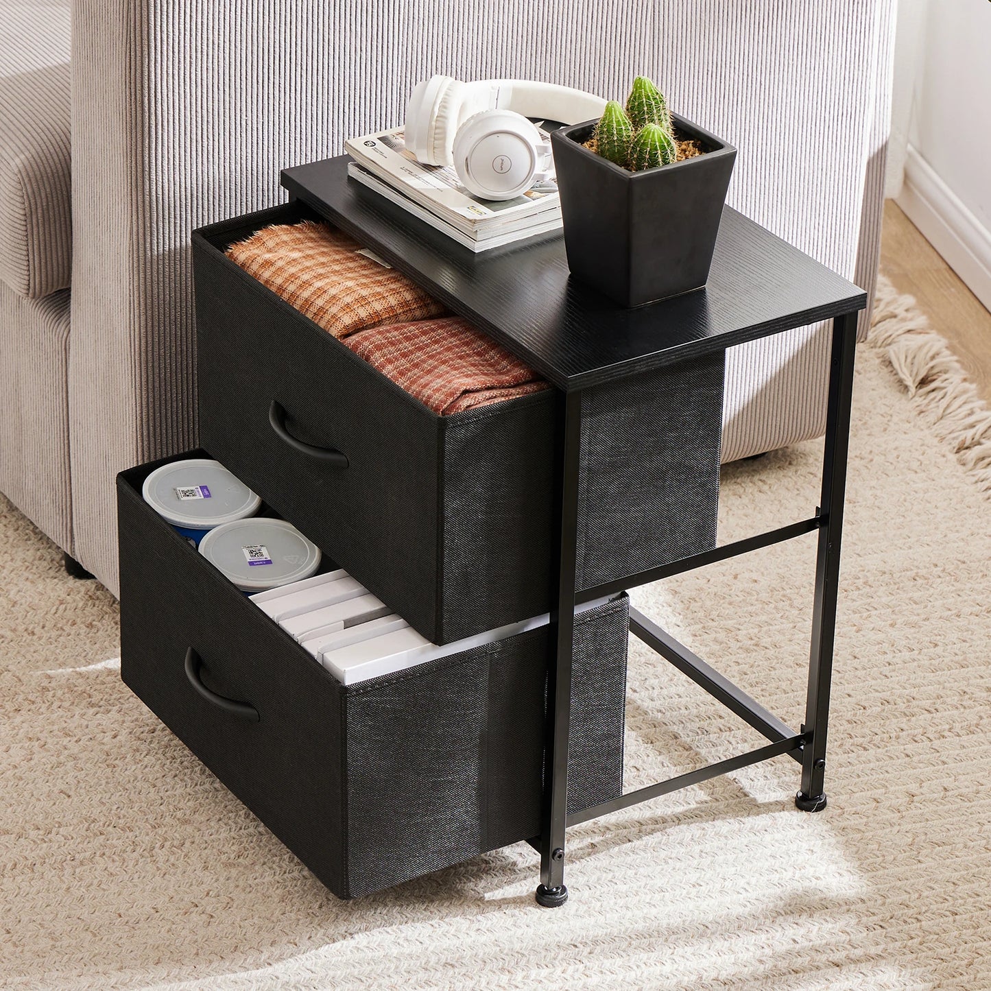 Bedroom Nightstand With 2 Fabric Drawers